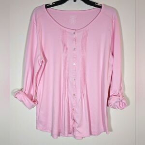 L.L. Bean Pink Button Up Pleated Top 100% Supima Cotton Drop Sleeves Size Large